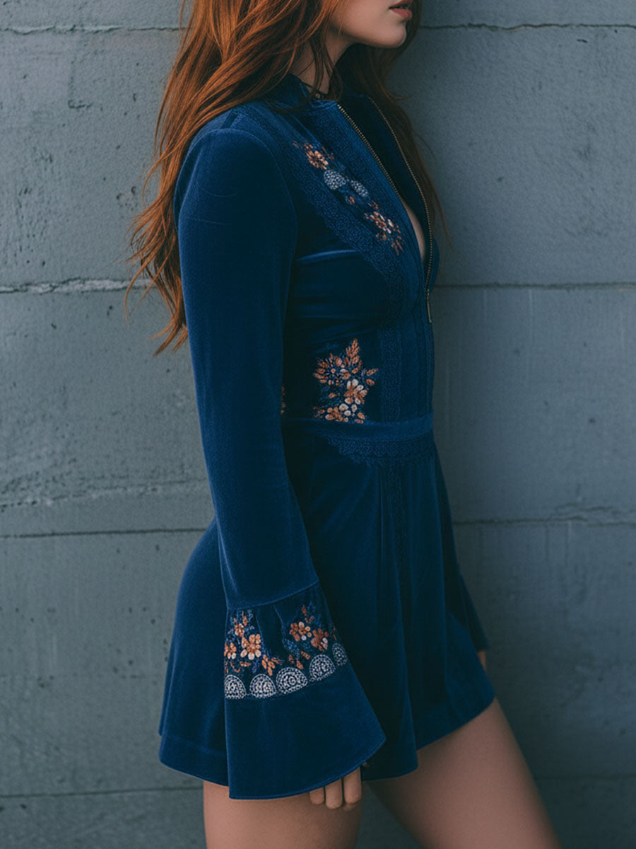 Morgan & Brooke | Blue Velvet Embroidered Casual Dress