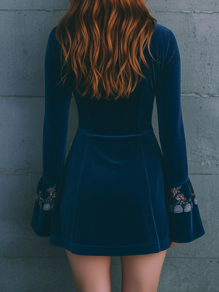 Morgan & Brooke | Blue Velvet Embroidered Casual Dress