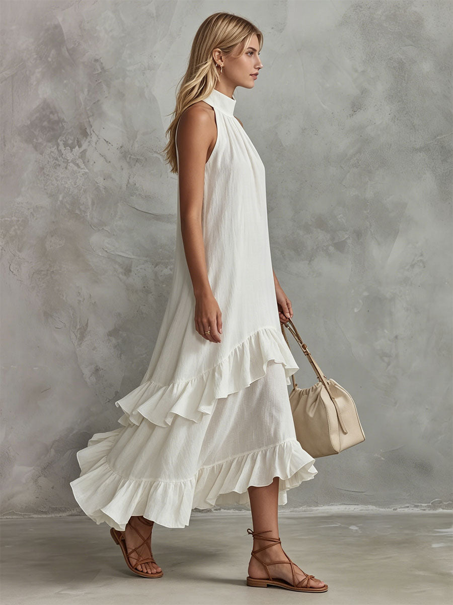 Morgan & Brooke | Retro-Elegant White Sleeveless Ruffled Cotton-Linen Dress
