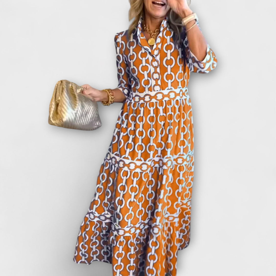 Morgan & Brooke | Black Midi Chain-Print Satin Dress