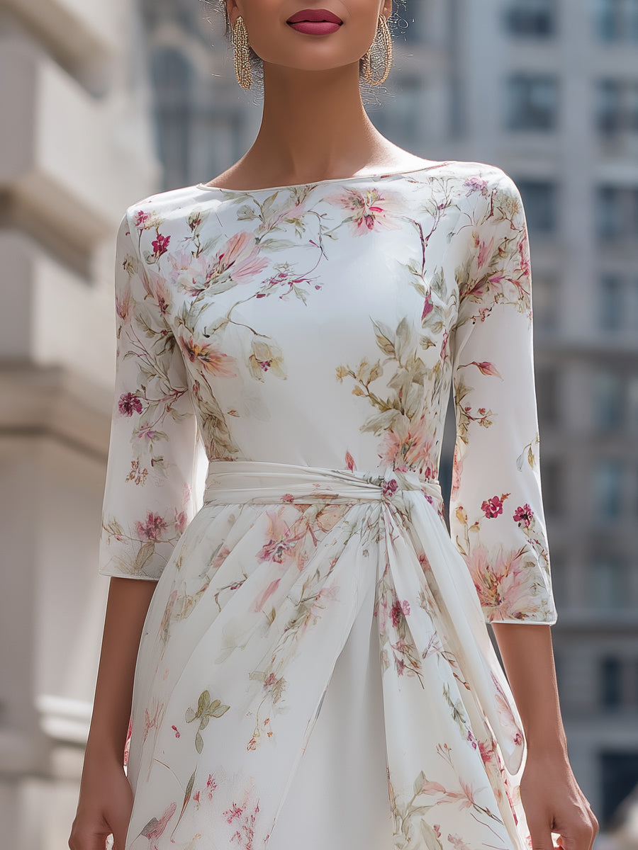Morgan & Brooke | Floral Asymmetrical-Hem Waist-Tie Chiffon Midi Dress