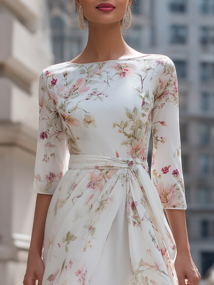 Morgan & Brooke | Floral Asymmetrical-Hem Waist-Tie Chiffon Midi Dress