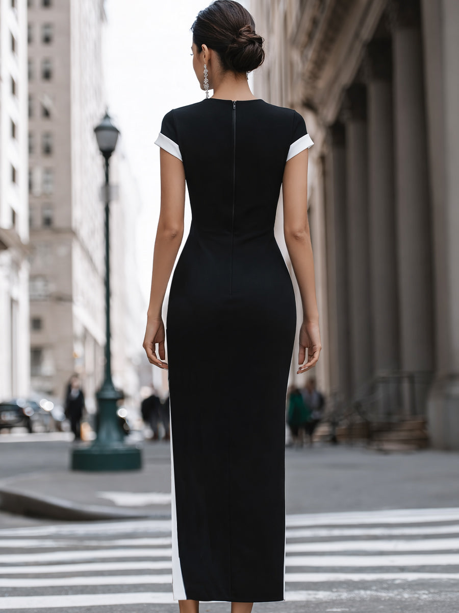 Morgan & Brooke | Black & White Colorblock High Side-Slit Maxi Dress