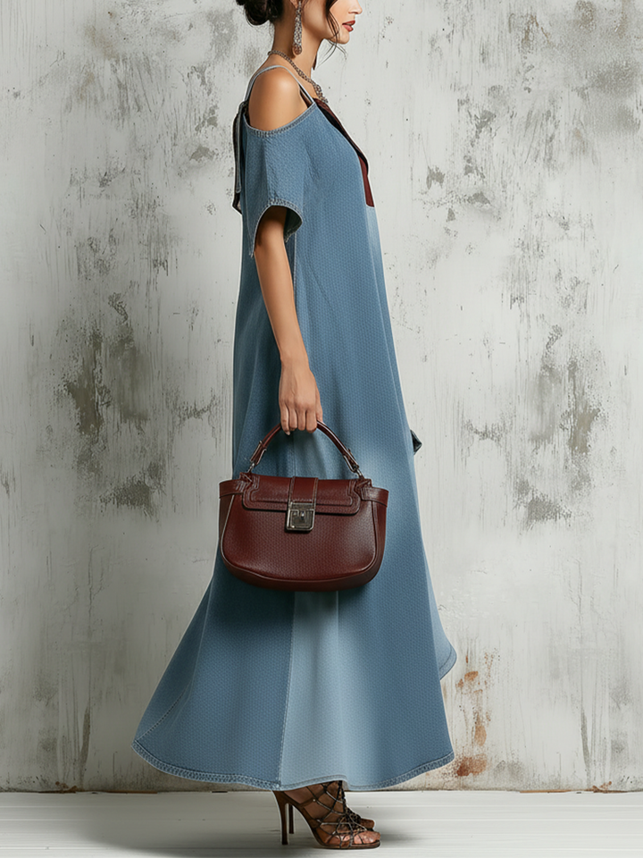 Morgan & Brooke | Blue Cold-Shoulder Patchwork Denim Maxi Dress