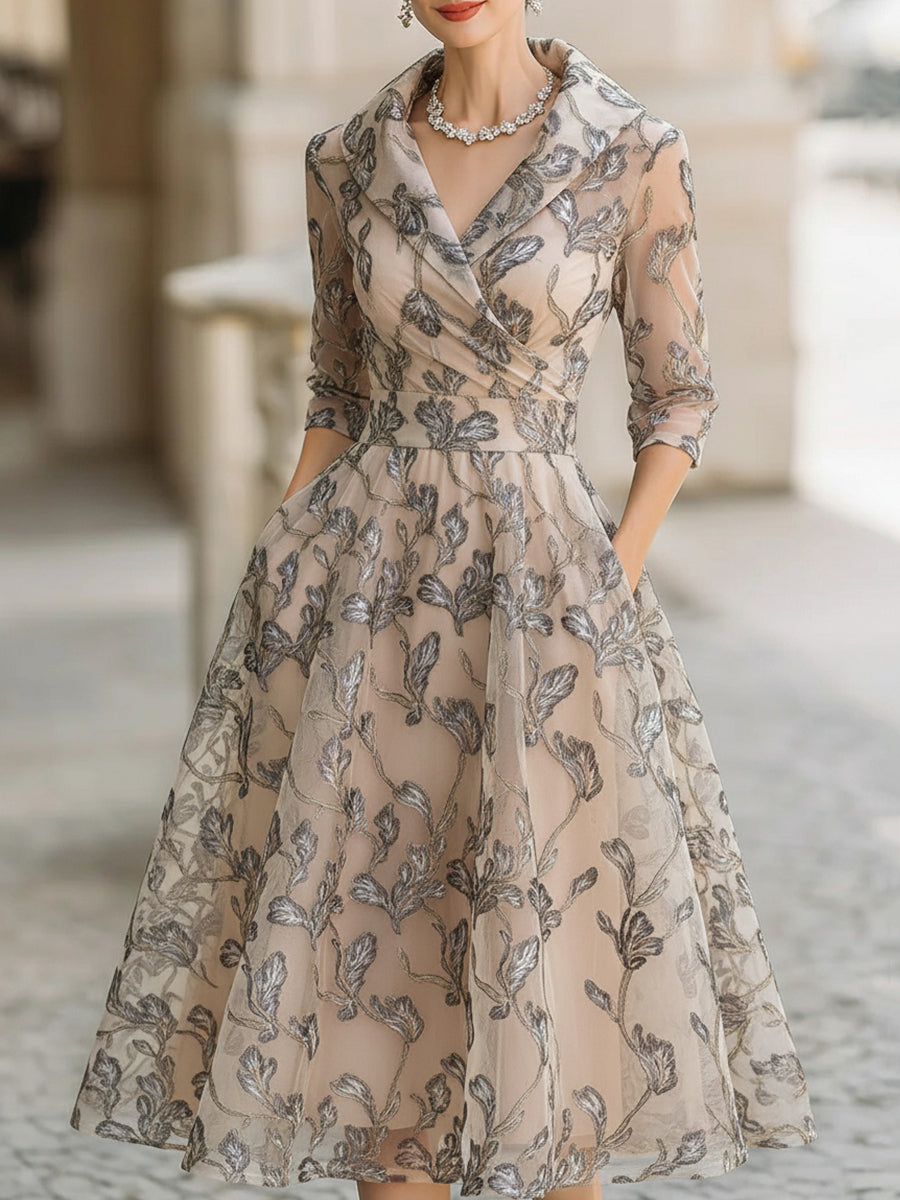Morgan & Brooke | Ivory Metallic-Leaf Embroidery Midi Mesh Dress