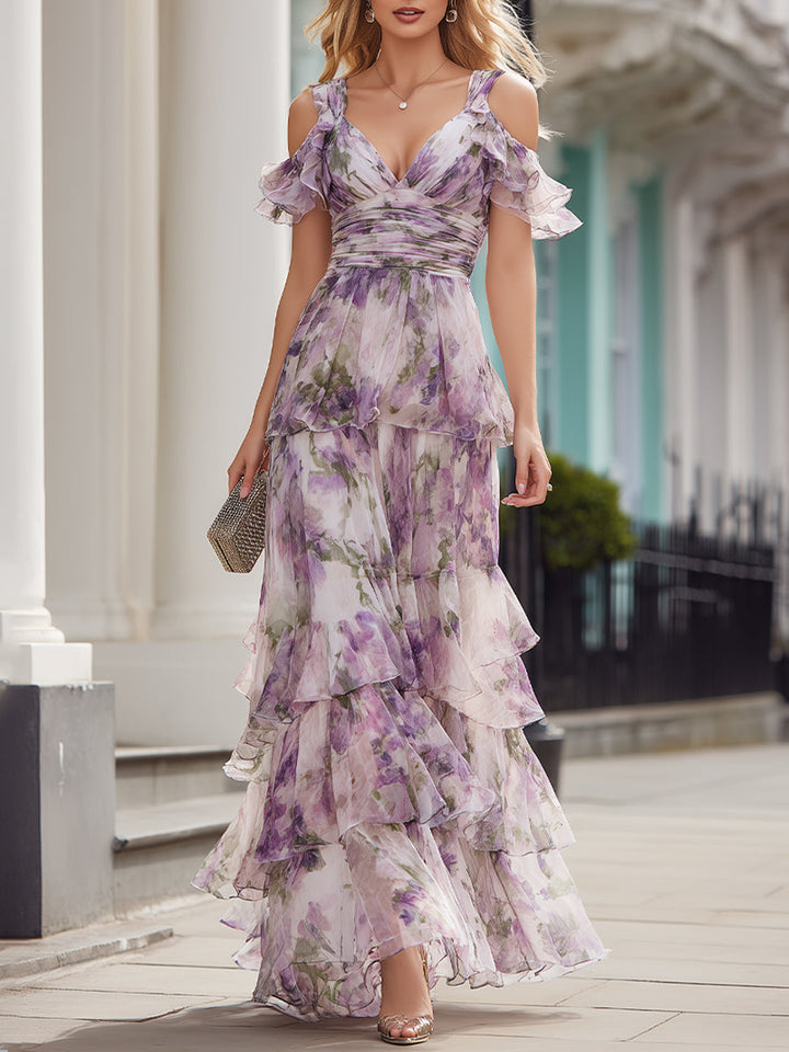 Morgan & Brooke | Floral-Print Cold-Shoulder Tiered Maxi Dress