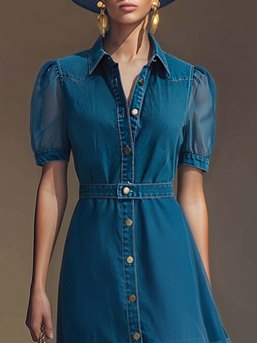 Morgan & Brooke | V-Neck Short-Sleeved Organza Blue Denim Dress
