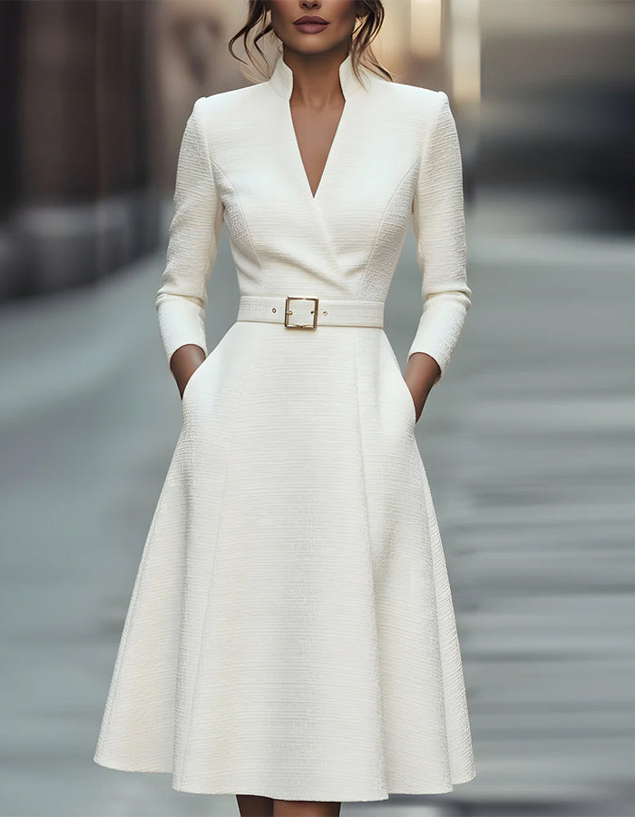 Morgan & Brooke | Gold V-Neck A-Line Three-Quarter Sleeve Dress