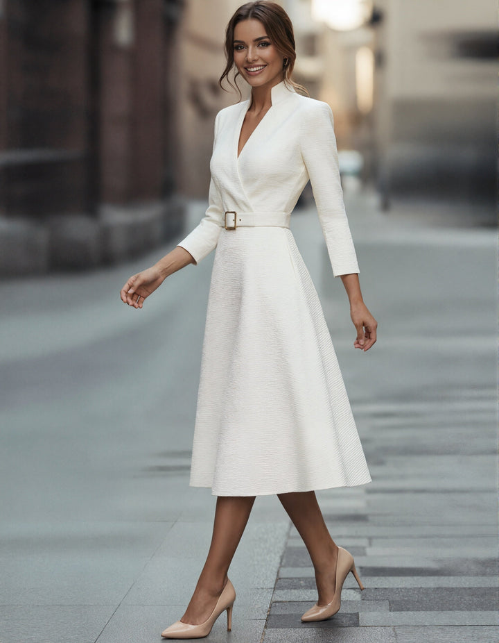 Morgan & Brooke | Gold V-Neck A-Line Three-Quarter Sleeve Dress