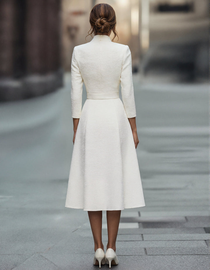 Morgan & Brooke | Gold V-Neck A-Line Three-Quarter Sleeve Dress