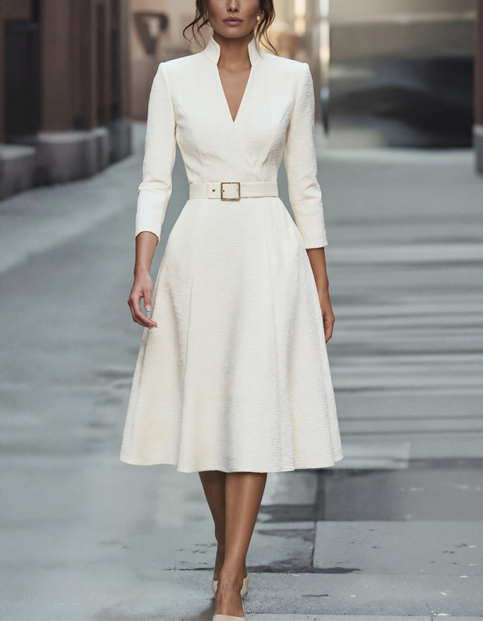Morgan & Brooke | Gold V-Neck A-Line Three-Quarter Sleeve Dress