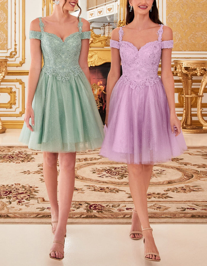 Morgan & Brooke | Champagne Tulle Cocktail Off-Shoulder Dress
