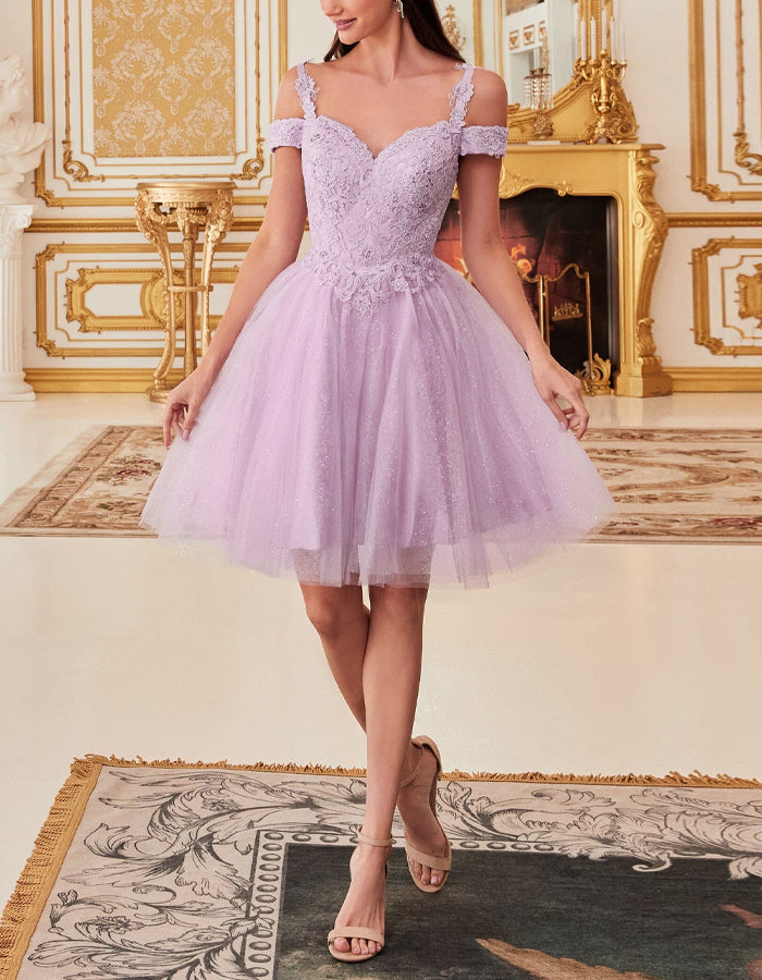 Morgan & Brooke | Champagne Tulle Cocktail Off-Shoulder Dress