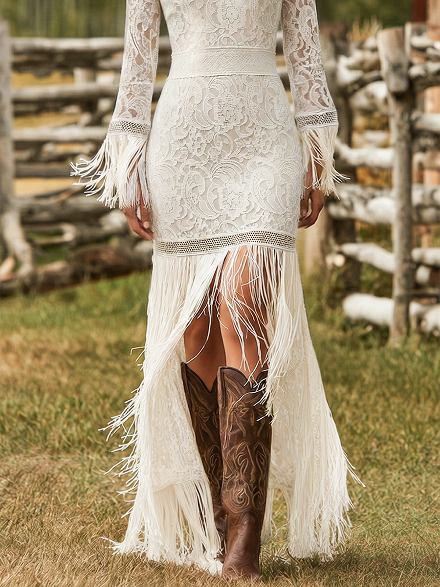Morgan & Brooke | White Lace V-Neck Evening Dress
