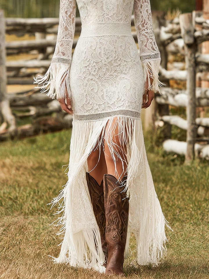 Morgan & Brooke | White Lace V-Neck Evening Dress