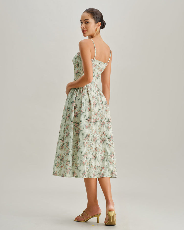Morgan and Brooke | Floral Sweetheart Neck Pleated Midi Dress in Green