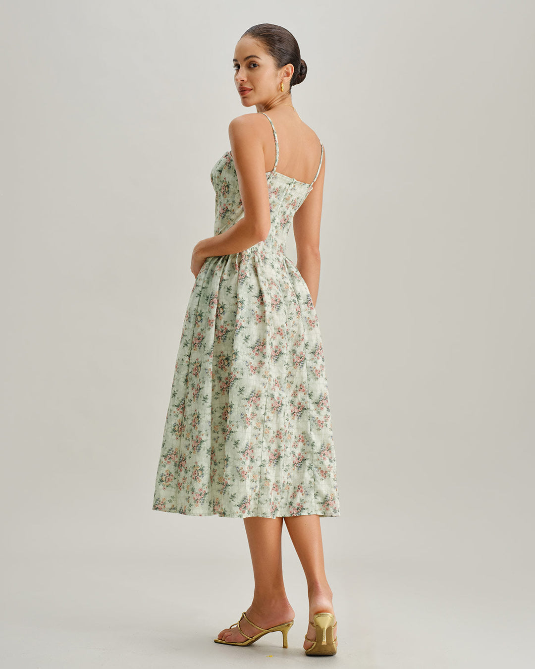 Morgan and Brooke | Green Floral Sweetheart Neck Pleated Midi Dress