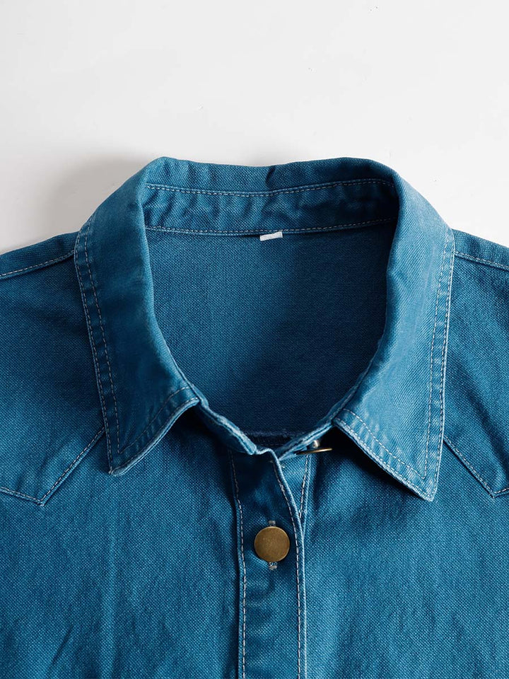 Morgan & Brooke | V-Neck Short-Sleeved Organza Blue Denim Dress