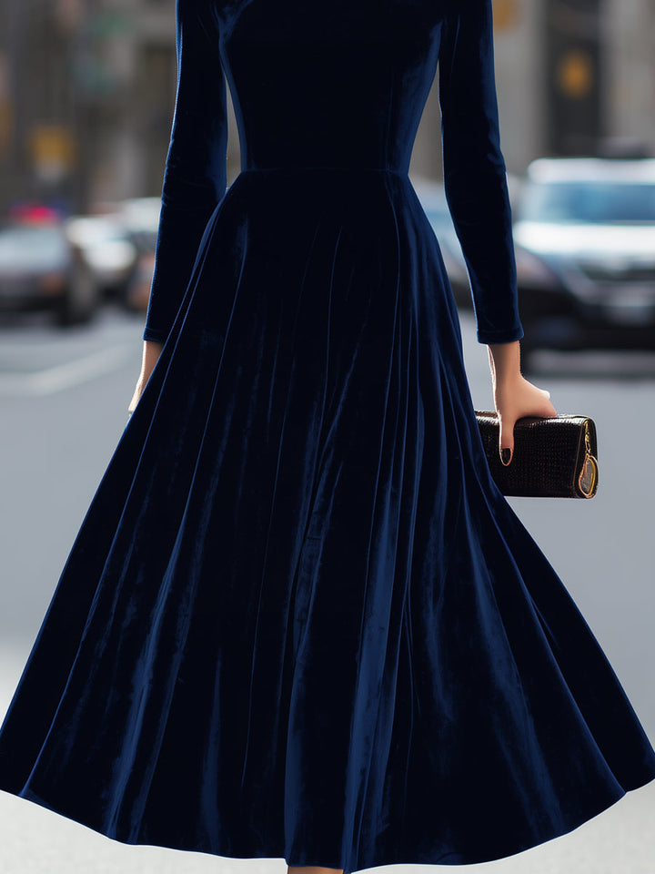 Morgan & Brooke | Navy Blue Long-Sleeve Midi Velvet Dress