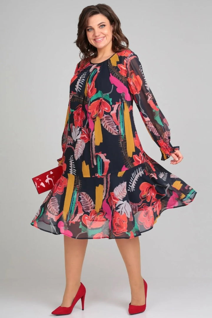 Morgan & Brooke | Multi-Color Floral Print Midi Lightweight Fabric Dress
