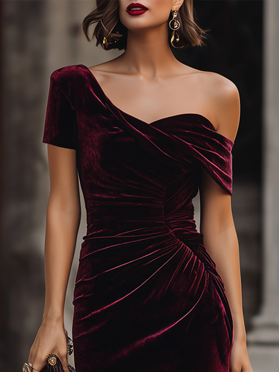 Morgan & Brooke | Midnight Asymmetrical Off-Shoulder Velvet Midi Dress