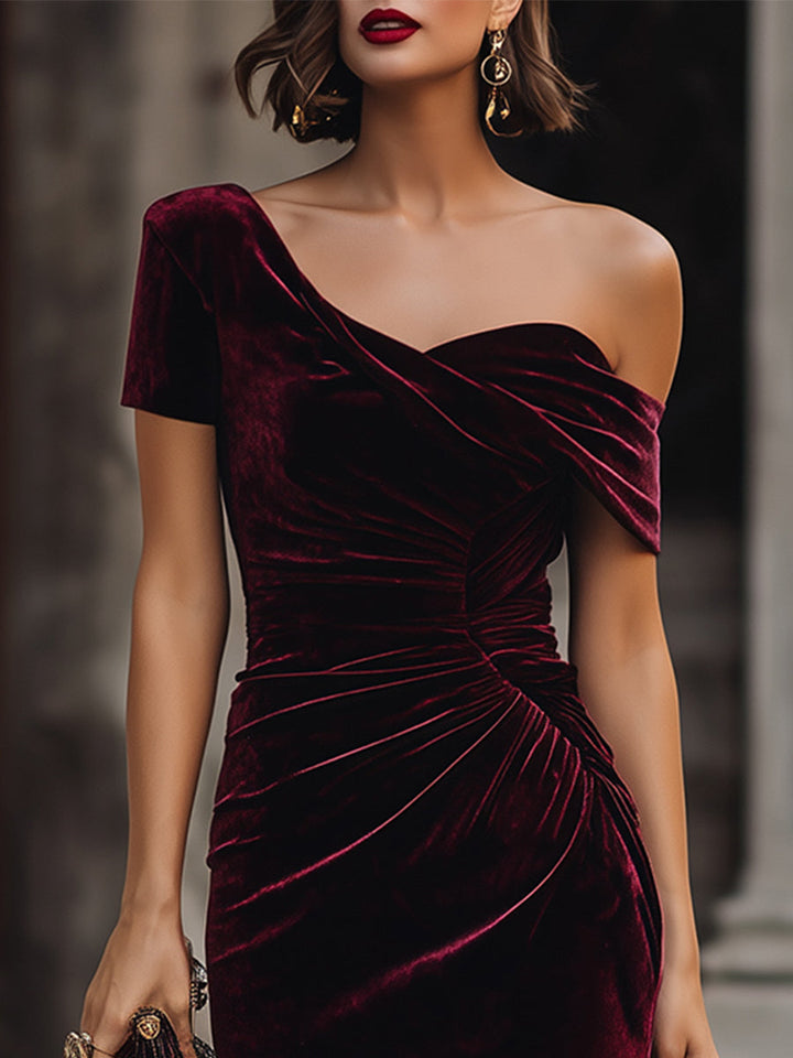Morgan & Brooke | Midnight Asymmetrical Off-Shoulder Velvet Midi Dress