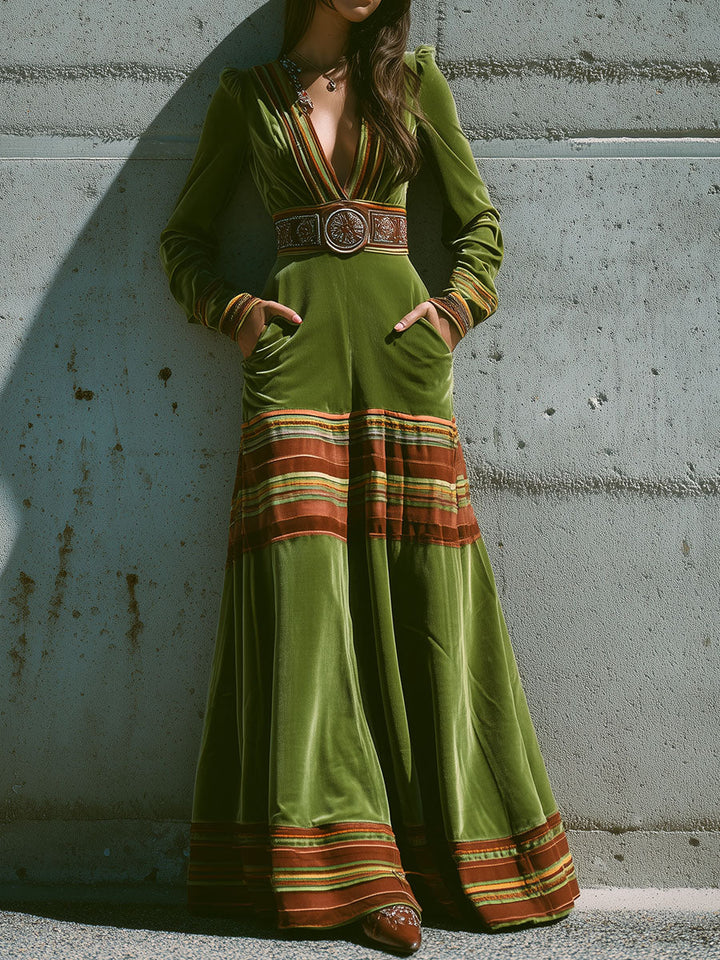 Morgan & Brooke | Olive Green Striped Hem Maxi Velvet Dress
