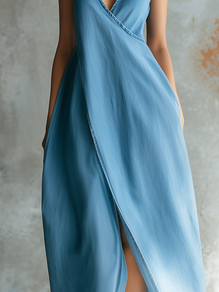 Morgan & Brooke | Indigo Wrap V-Neck Denim Maxi Dress
