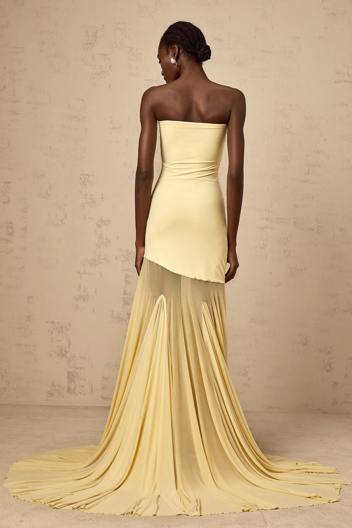 Morgan & Brooke | Yellow Off-Shoulder Sheer Tulle Maxi Dress