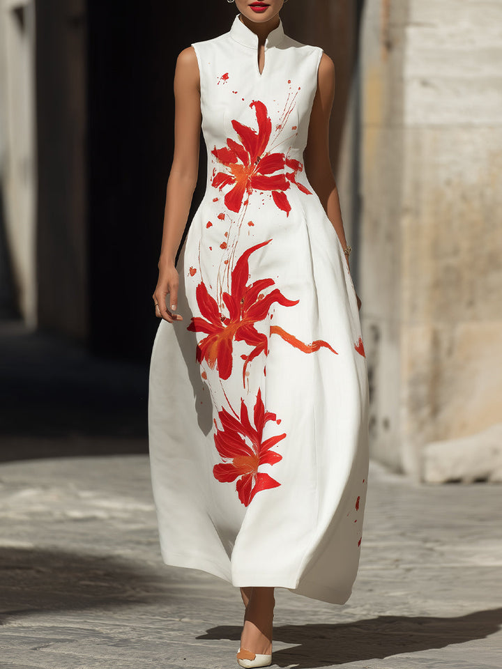 Morgan & Brooke | Red Mandarin-Collar Floral Maxi Dress