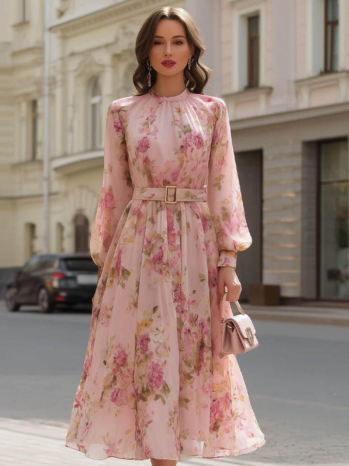Morgan & Brooke | Blush Floral-Print Midi Chiffon Dress