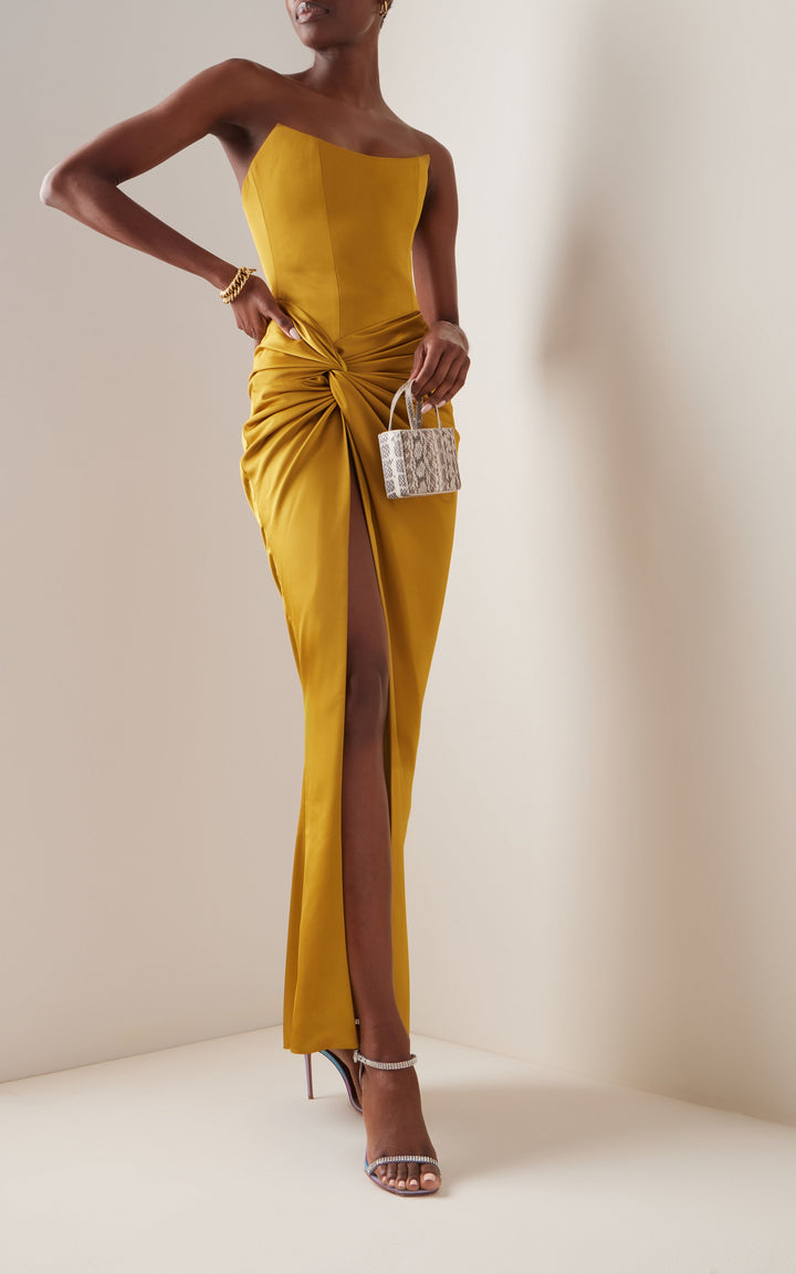 Morgan & Brooke | Draped Strapless Satin Maxi Dress