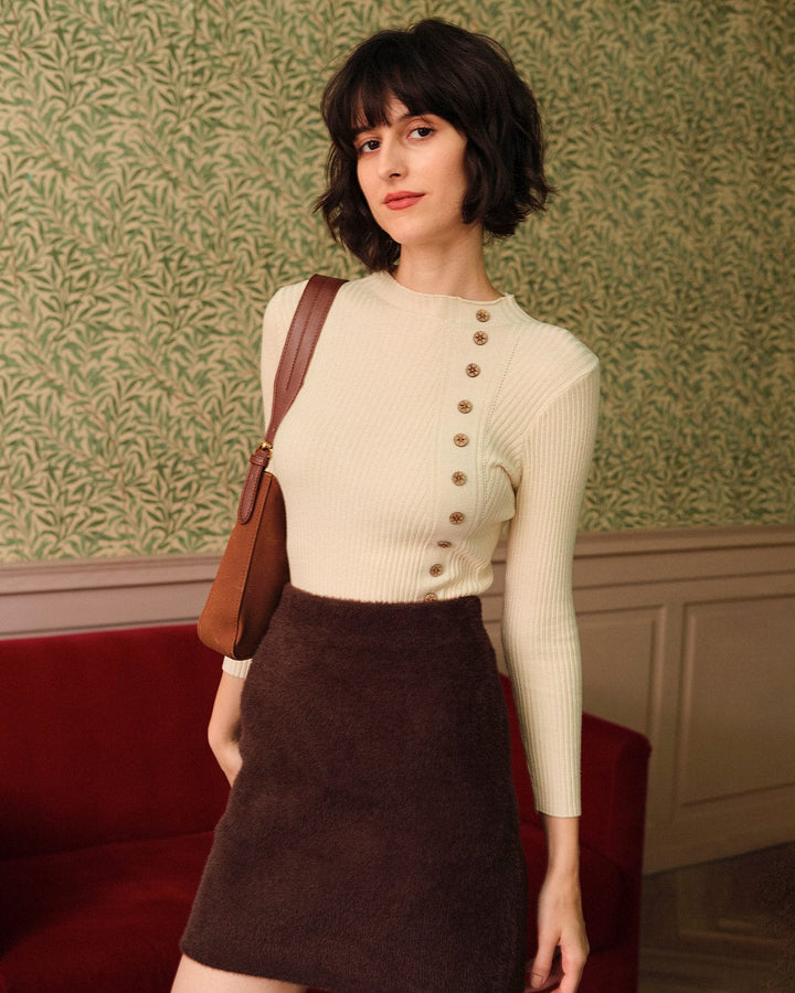 Morgan and Brooke | Beige Mock Neck Ribbed Knit Top