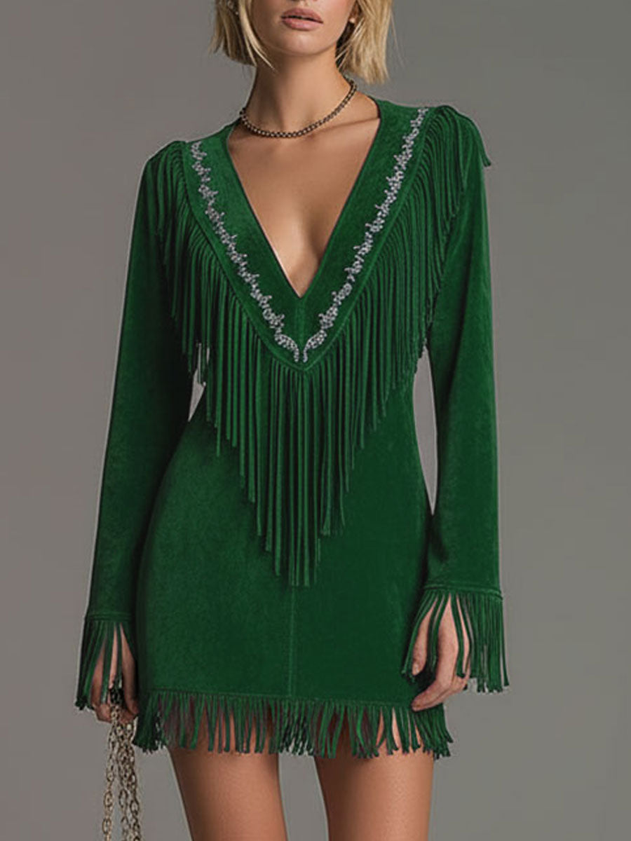 Morgan & Brooke | Red Faux Suede Tassel Western Dress