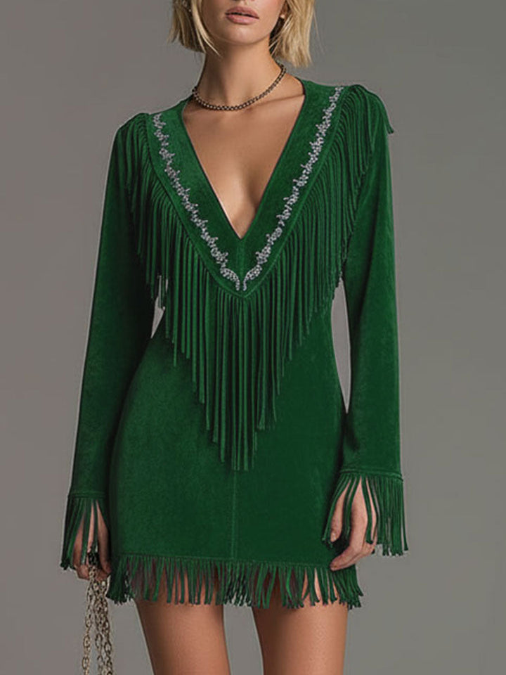 Morgan & Brooke | Red Faux Suede Tassel Western Dress