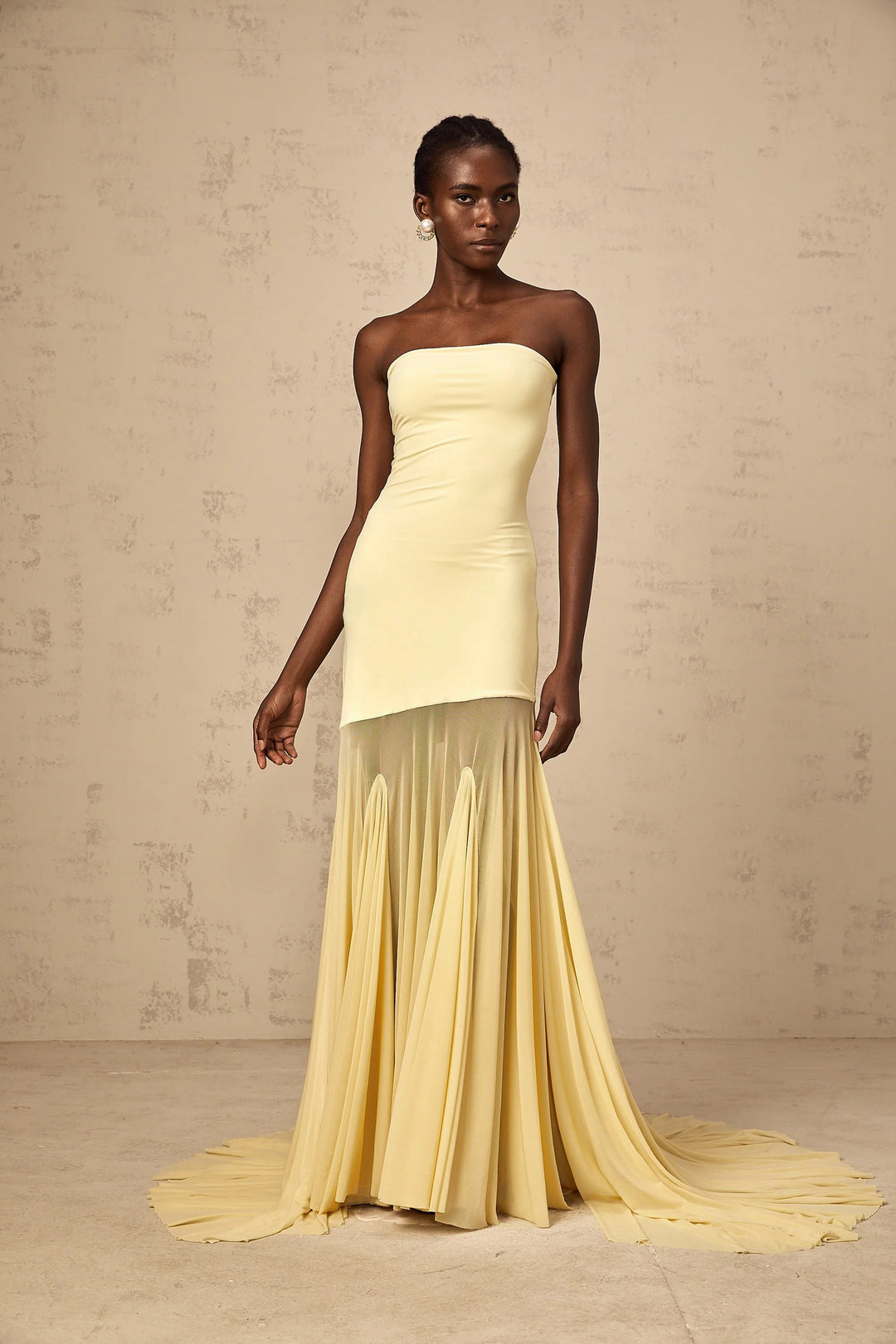 Morgan & Brooke | Yellow Off-Shoulder Sheer Tulle Maxi Dress