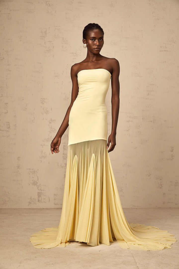 Morgan & Brooke | Yellow Off-Shoulder Sheer Tulle Maxi Dress