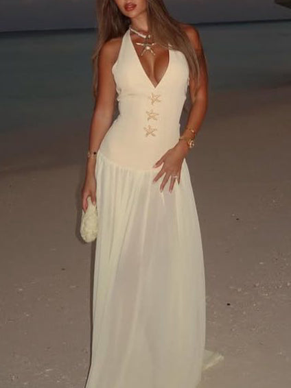 Morgan & Brooke | Fashion Halterneck Lace-Up Deep V-Neck Dress