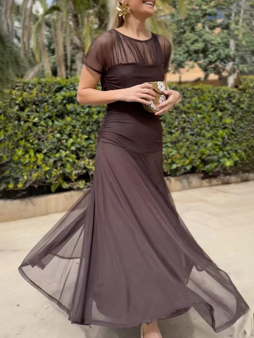 Morgan & Brooke | Elegant Mesh Pleated Wide-Leg Hip-Hugging Dress