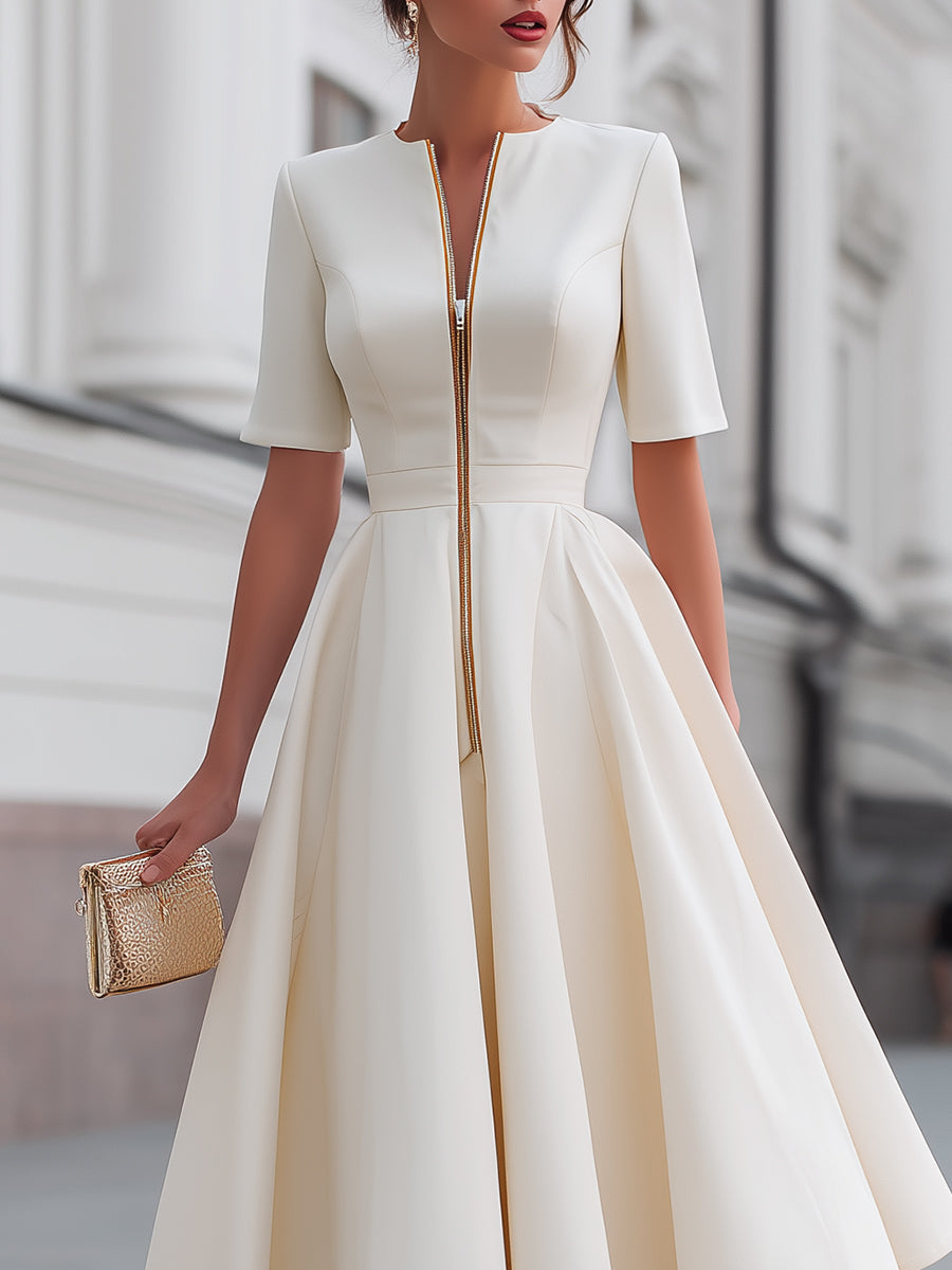 Morgan & Brooke | Zip-Front Fit-and-Flare Stretch Jersey Dress