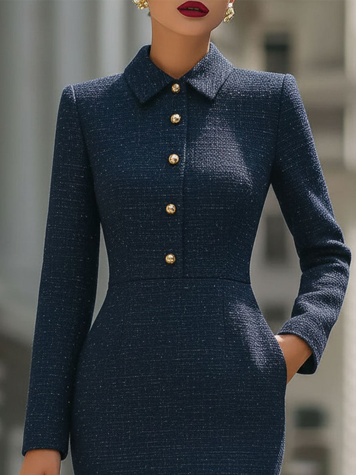 Morgan & Brooke | Navy Sheath Gold-Trim Tweed Dress