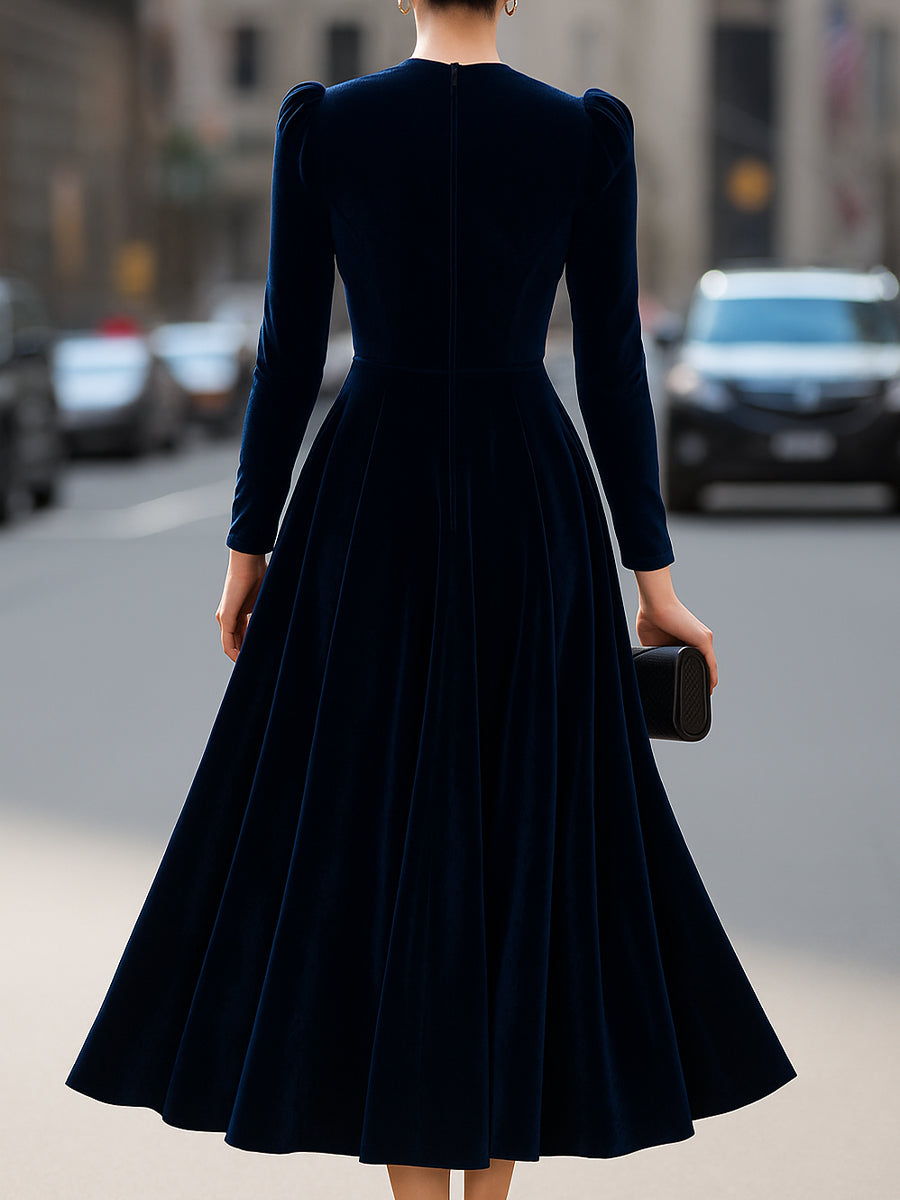 Morgan & Brooke | Navy Blue Long-Sleeve Midi Velvet Dress