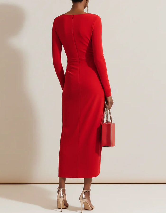 Morgan & Brooke | Red Bodycon Pleated Long Sleeve Dress