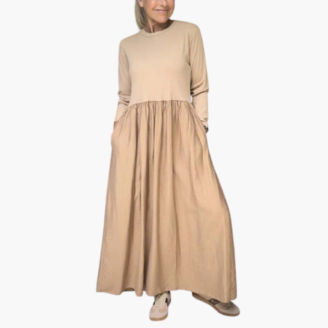 Morgan & Brooke | Neutral Long-Sleeve Midi Knit Dress