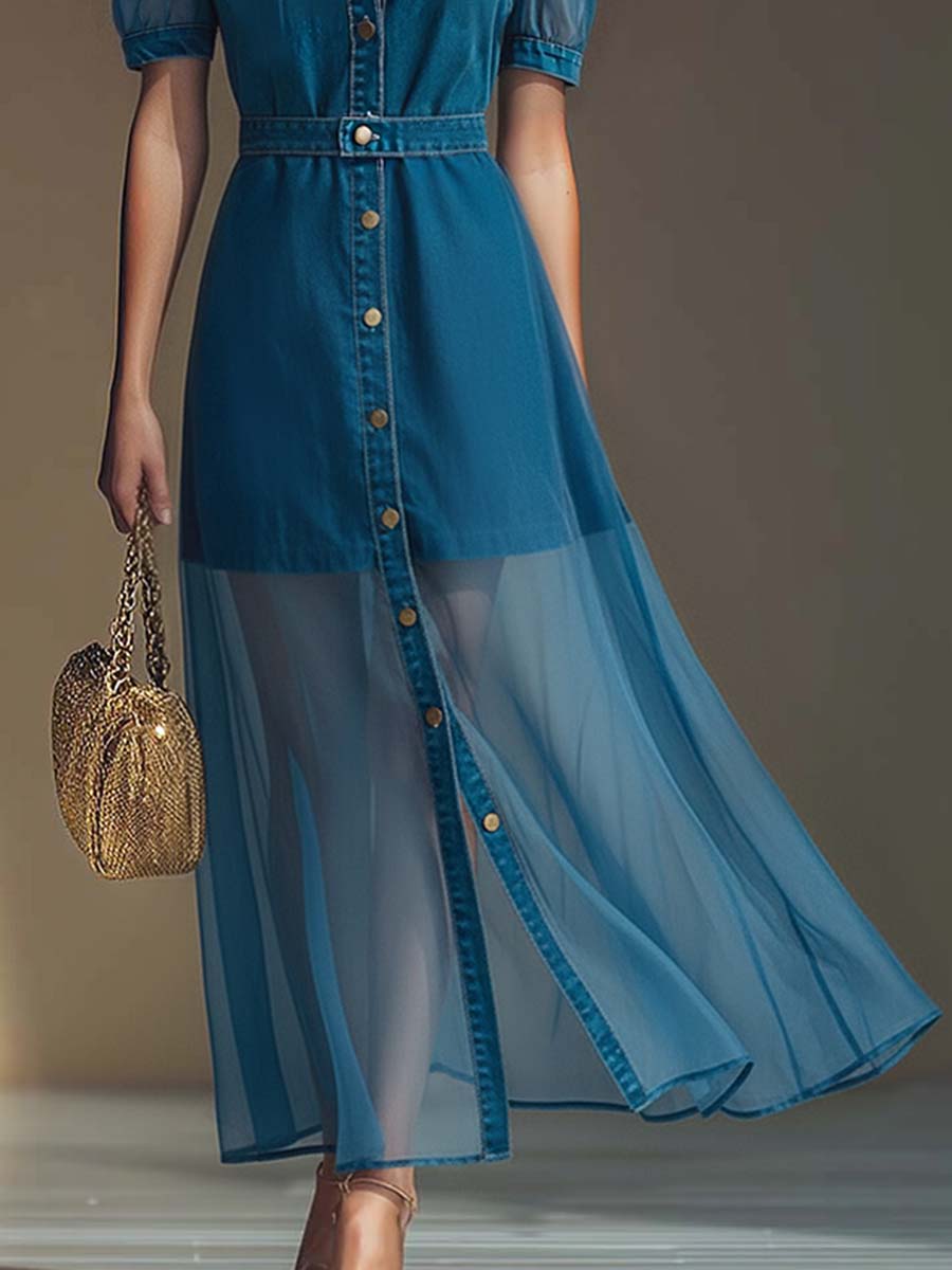 Morgan & Brooke | V-Neck Short-Sleeved Organza Blue Denim Dress