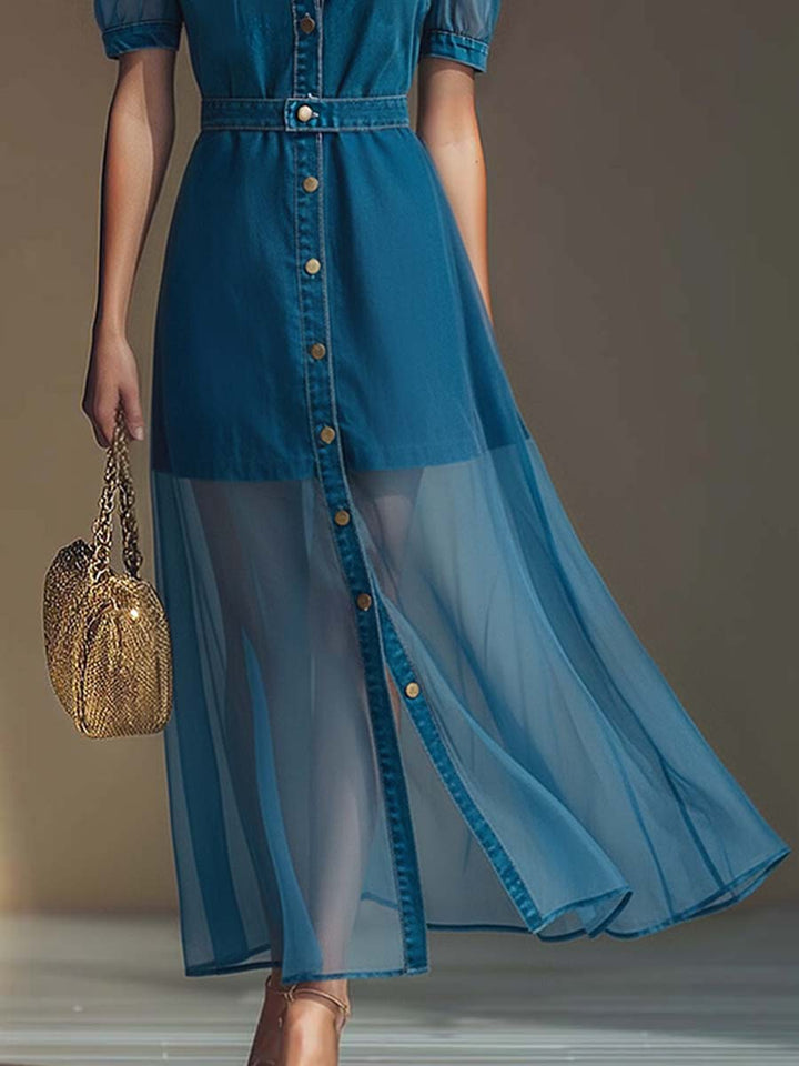 Morgan & Brooke | V-Neck Short-Sleeved Organza Blue Denim Dress