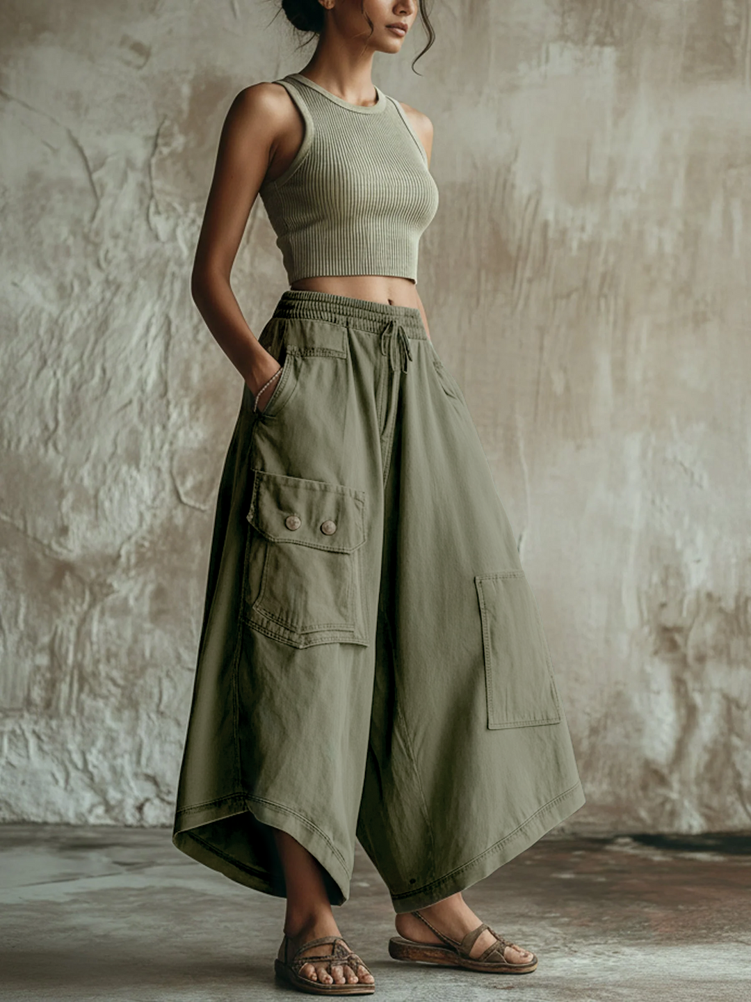 Morgan & Brooke | Olive Green Utility Wide-Leg Denim Culottes