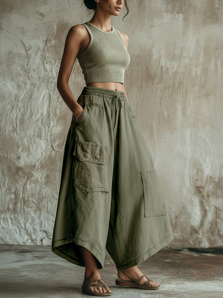 Morgan & Brooke | Olive Green Utility Wide-Leg Denim Culottes
