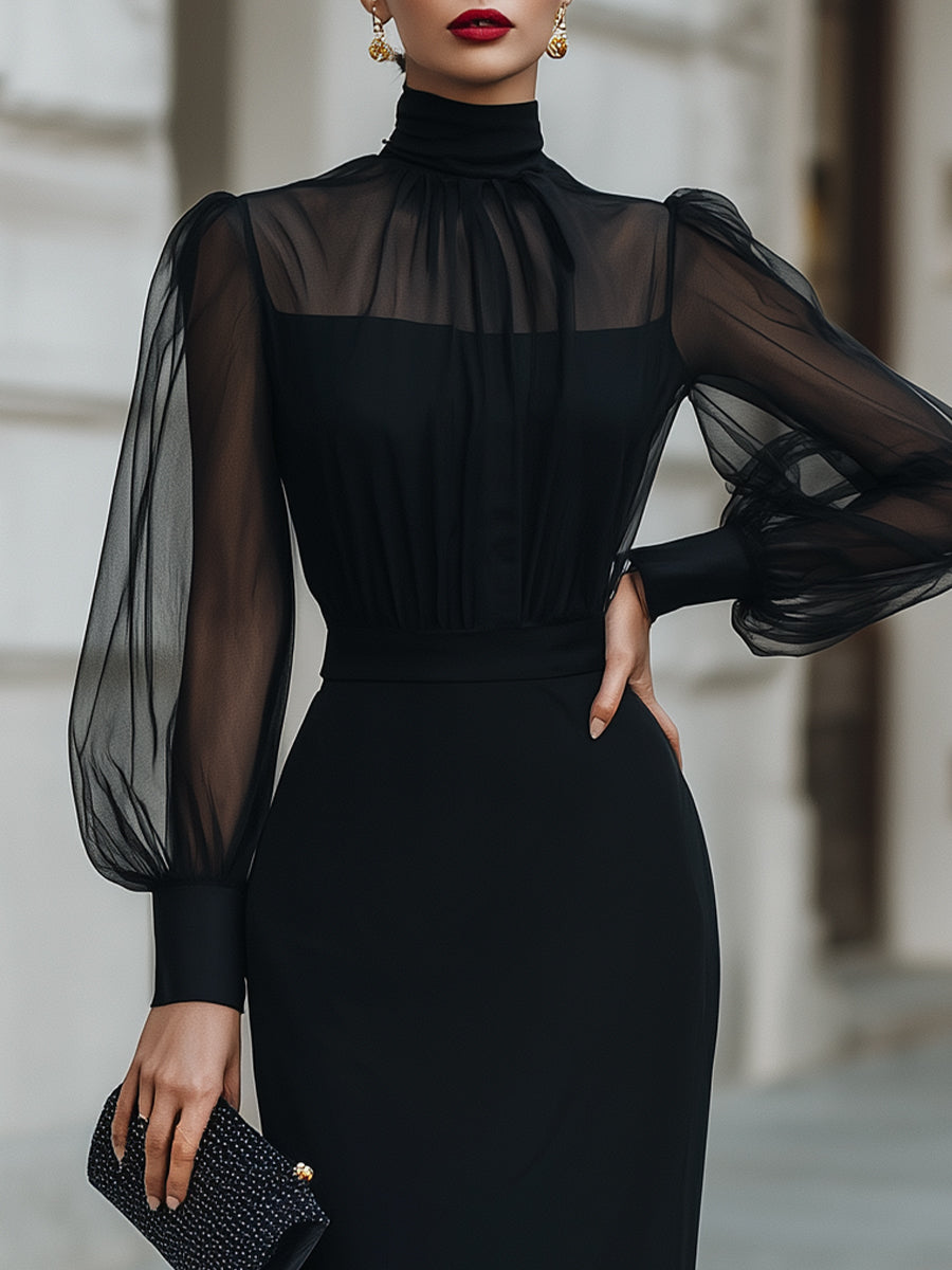 Morgan & Brooke | Black High-Neck Sheer-Sleeve Crepe Midi Dress