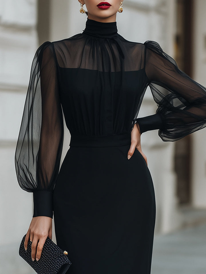 Morgan & Brooke | Black High-Neck Sheer-Sleeve Crepe Midi Dress